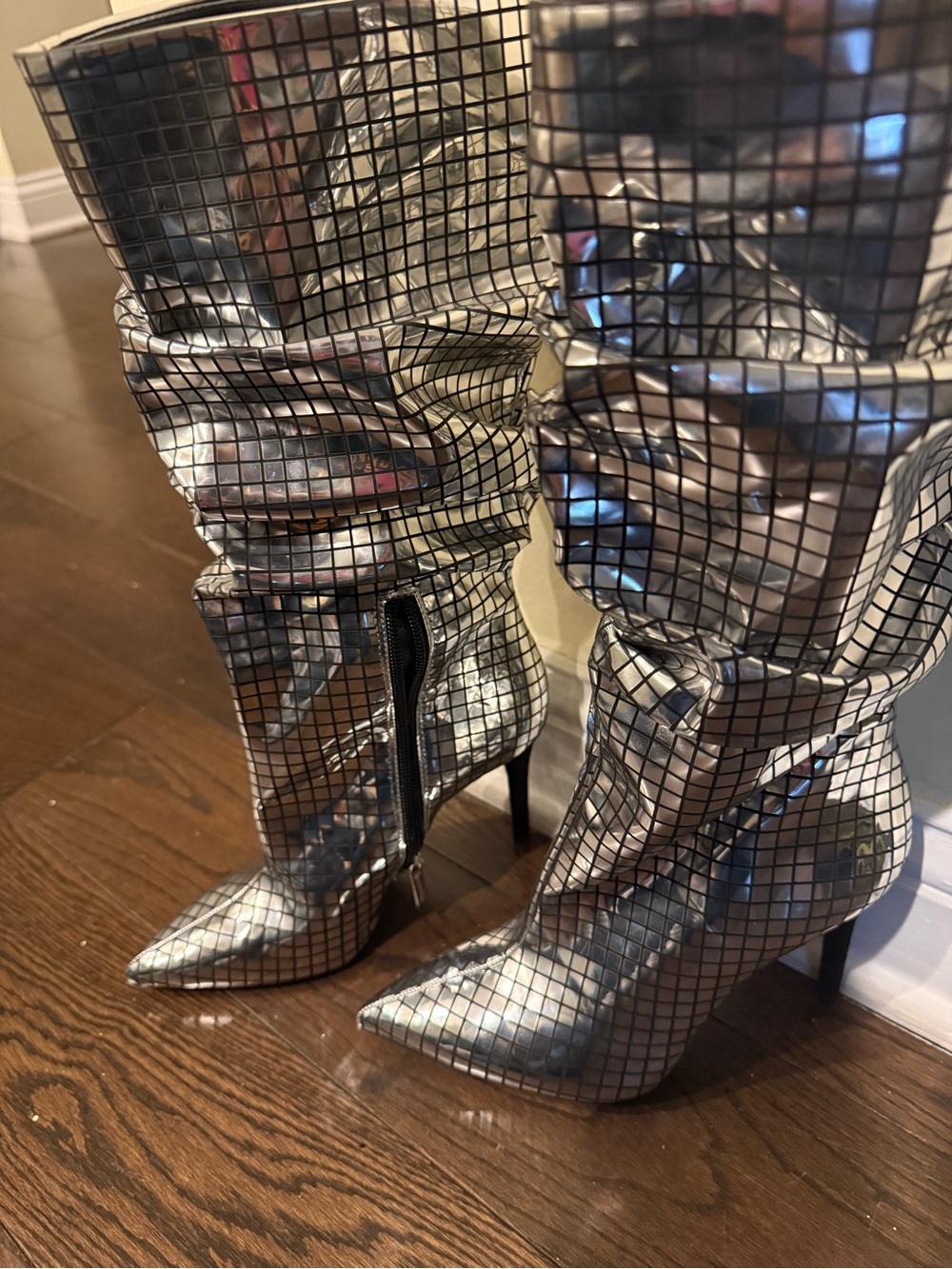 Jessica Simpson Metallic Silver Mirrored Slouch Boots – Size 6